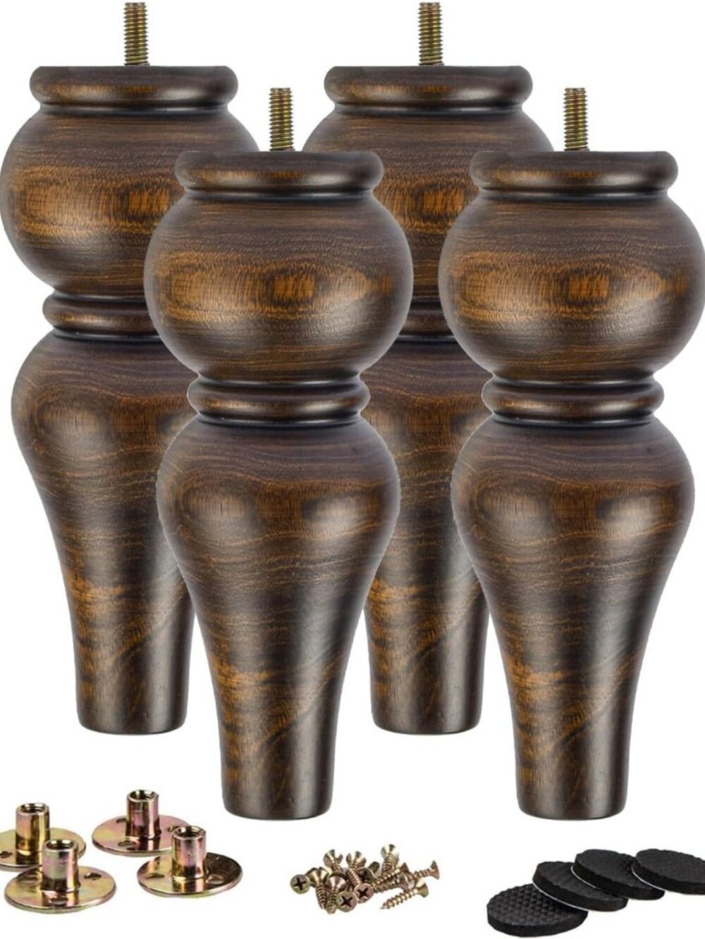 8-Inch Solid Wood Turned Furniture Legs with M8 Bolts - Set of 4, Glazed Finish